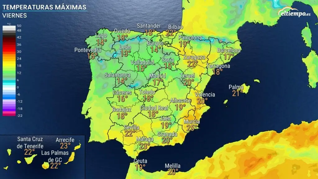 Máximas previstas el viernes 17. Fuente mapa: ElTiempo.es