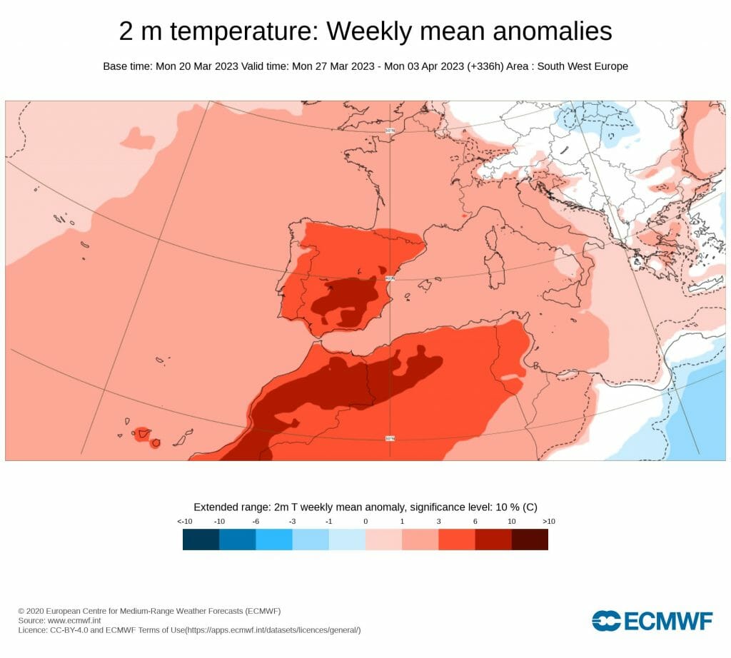 Anomalía de temperatura prevista para la semana 27 marzo-2 abril. Fuente: ECMWF