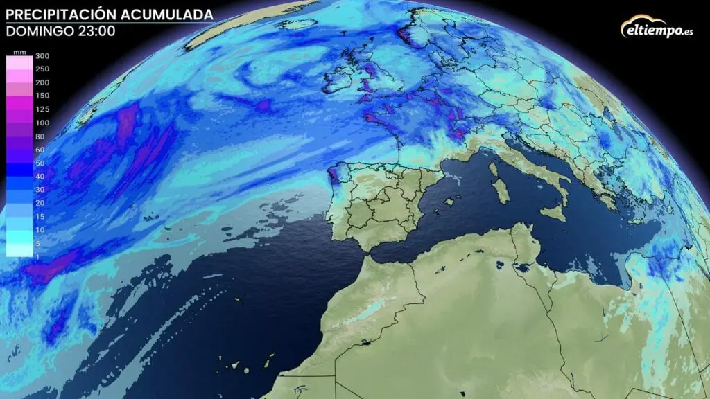 Precipitación acumulada hasta el final del domingo 26. Sin apenas lluvias en España. Mapa: ElTiempo.es