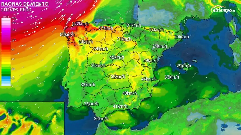 Rachas de viento previstas para la tarde del jueves 30. Mapa: Eltiempo.es