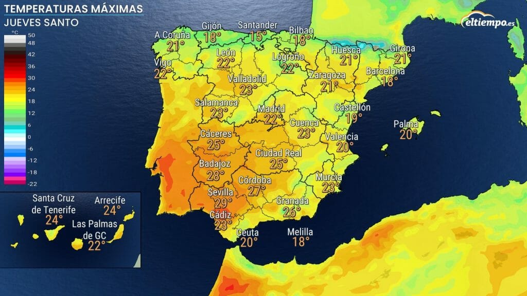 Temperaturas máximas previstas para el Jueves Santo Mapas: Eltiempo.es Tiempo Semana Santa