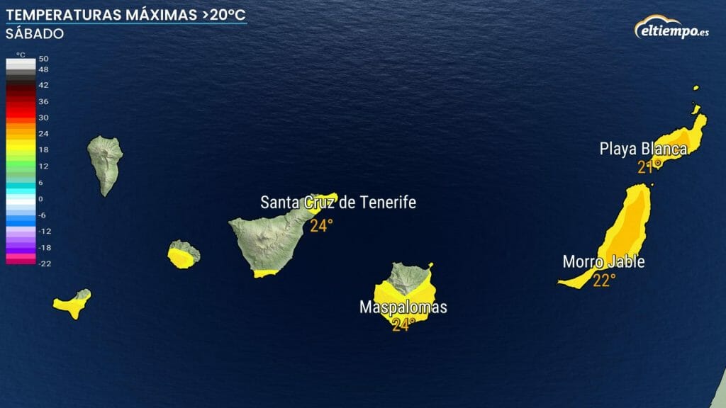 Zonas con previsión de máximas iguales o superiores a 20ºC el Sábado Santo en Canarias. Mapa: Eltiempo.es