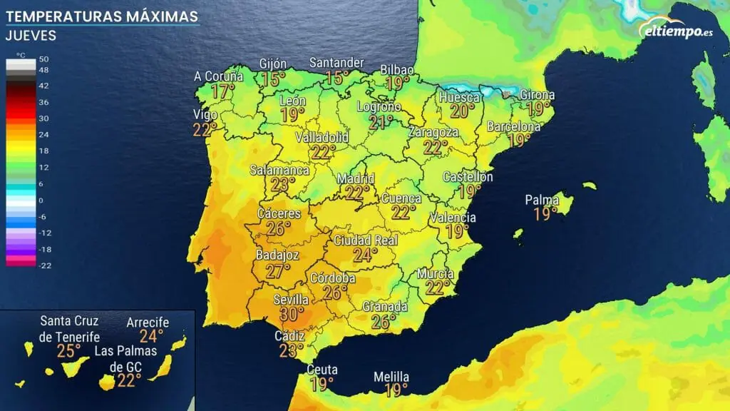 Temperaturas máximas previstas para el Jueves Santo. Fuente mapa: ElTiempo.es 