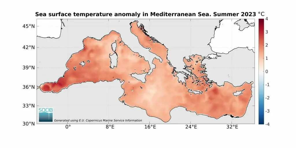 anomalía de la sst en el Mediterráneo el verano 2023