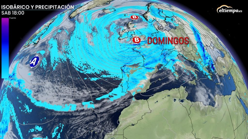 La borrasca Domingos sobre el Reino Unido y un frente cruzando la península el sábado dejando un nuevo temporal en España. 