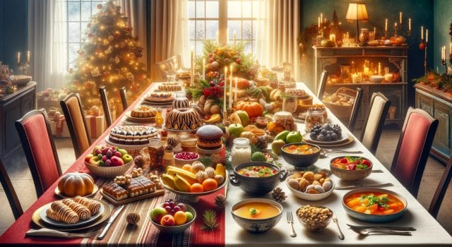 invierno estación mal comer mesa navidad, dulces navideño