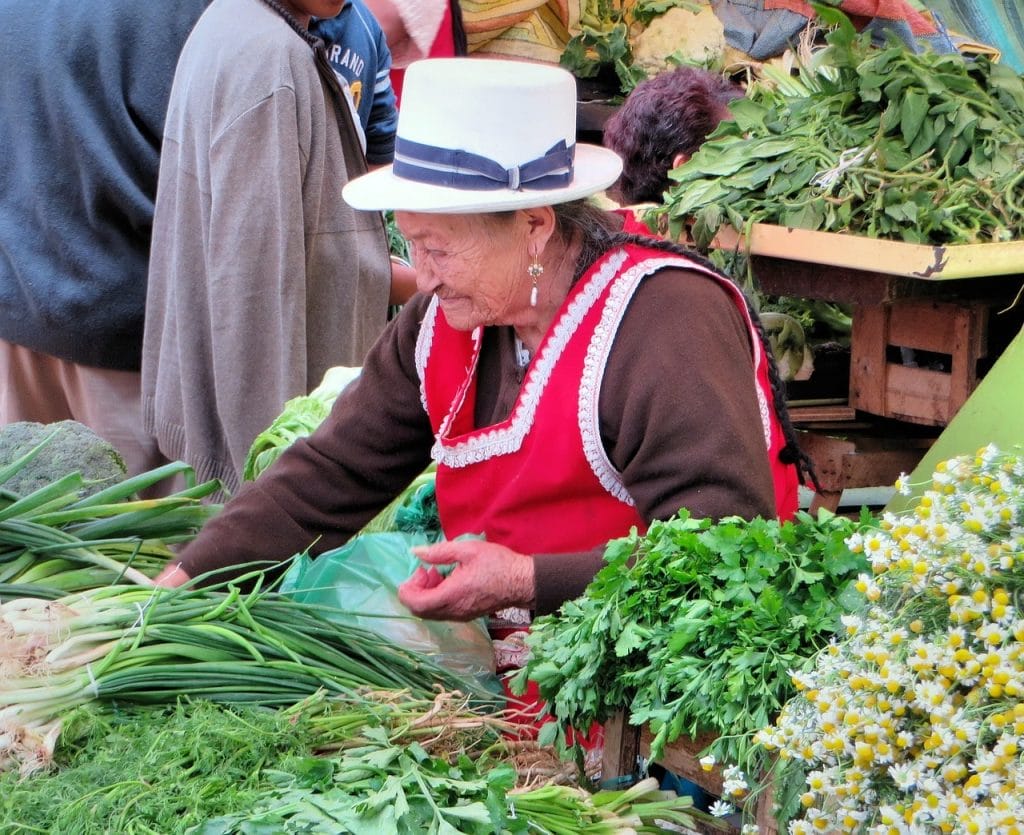 mujer andina vendiendo verdura en mercado