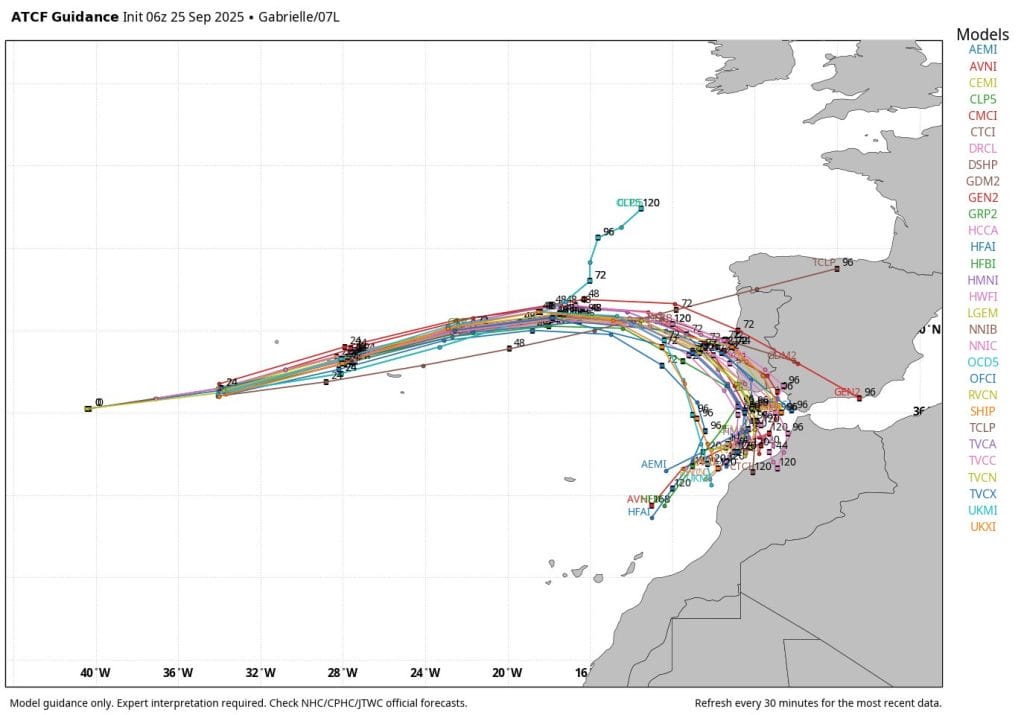 huracán Gabrielle España trayectorias