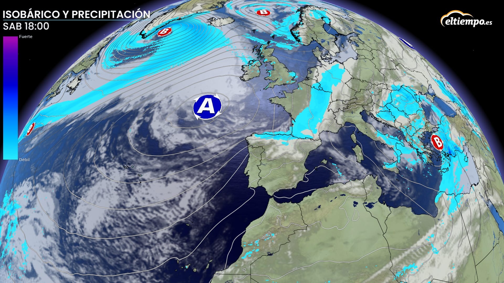 Mapa isobárico mostrando la presión atmosférica y el flujo de aire frío
