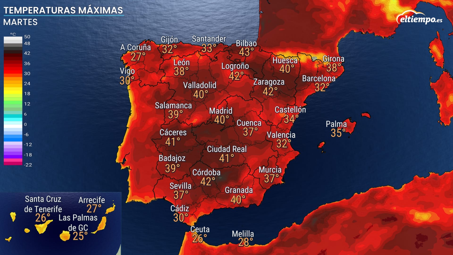 Previsión de temperaturas de la AEMET para el martes